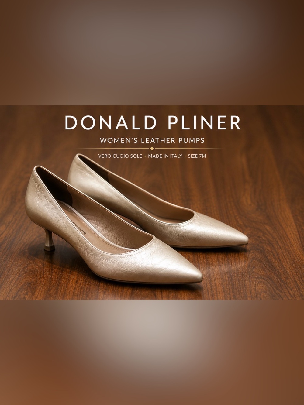 Donald Pliner Metallic Taupe Leather Kitten Heel Pumps Italy Size 7M